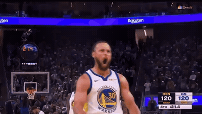 Golden State Warriors Basketball Player Stephen Curry Is Celebrating A Basket During A Game Against The Denver Nuggets . GIF