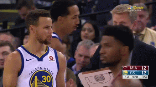 Golden State Warriors Player Stephen Curry Stands In The Stands During A Basketball Game GIF