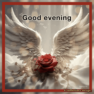 Good Evening Card With Red Rose And Angel Wings GIF