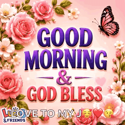 Good Morning And God Bless Greeting Card With Flowers And Butterflies GIF