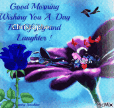 Good Morning Blue Rose And Purple Flower GIF