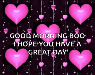 Good Morning Boo Hope You Have A Great Day With Pink Hearts On Black Background GIF
