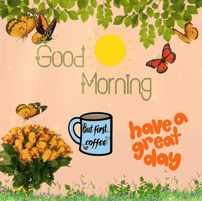 Good Morning Card With Butterflies And Flowers GIF