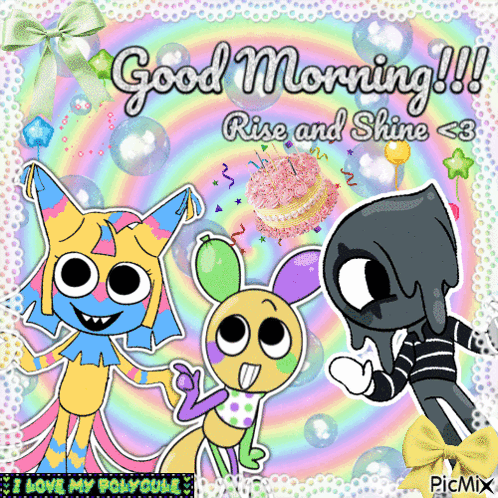 Good Morning Card With Cartoon Characters And Cake GIF