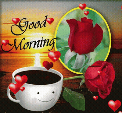 Good Morning Card With Coffee And Red Rose GIF