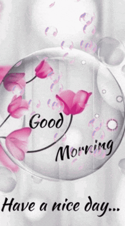 Good Morning Card With Pink Flowers And Bubbles GIF