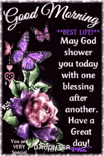Good Morning Card With Purple Butterflies And Roses GIF