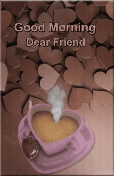Good Morning Dear Friend Card With Heart Coffee Cup GIF