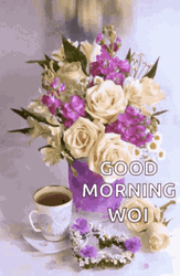 Good Morning Flowers In Vase With Blurring Effect GIF