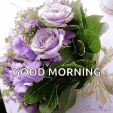 Good Morning Flowers Purple Roses With Leaves