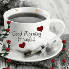 Good Morning Friends Coffee Cup Roses Sparkles