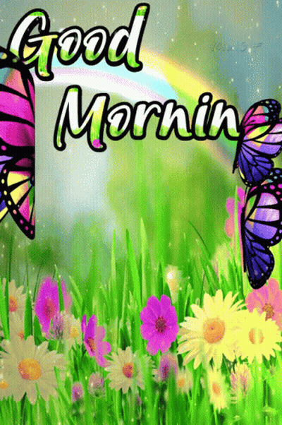 Good Morning Greeting Card With Butterflies And Rainbow GIF