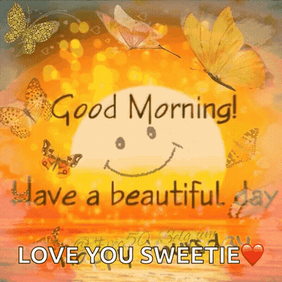 Good Morning Greeting Card With Butterflies And Smiling Sun GIF