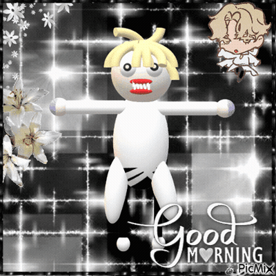 Good Morning Greeting Card With Cartoon And Flowers GIF