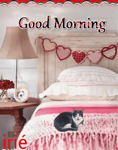 Good Morning Greeting Card With Cat Laying On Bed GIF