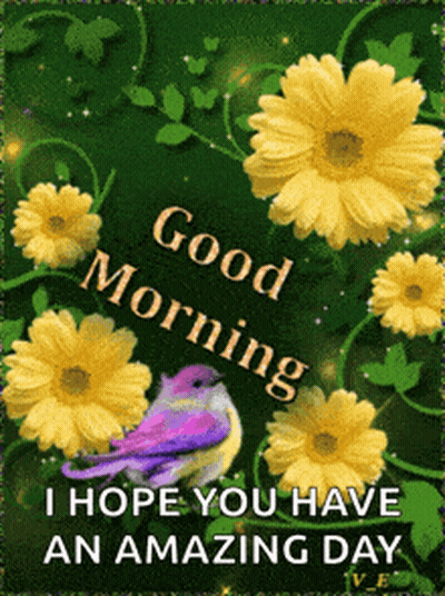 Good Morning Greeting Card With Flowers And Bird GIF