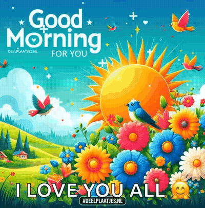 Good Morning Greeting Card With Flowers And Birds GIF