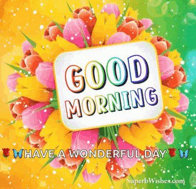Good Morning Greeting Card With Flowers And Butterflies GIF