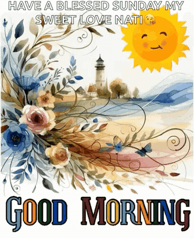 Good Morning Greeting Card With Flowers And Sun GIF