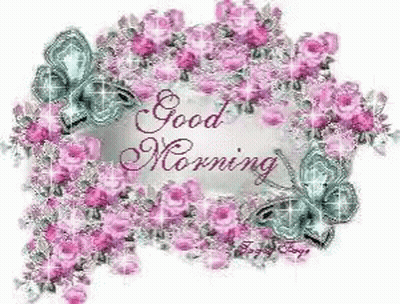 Good Morning Greeting Card With Pink Flowers And Butterflies GIF