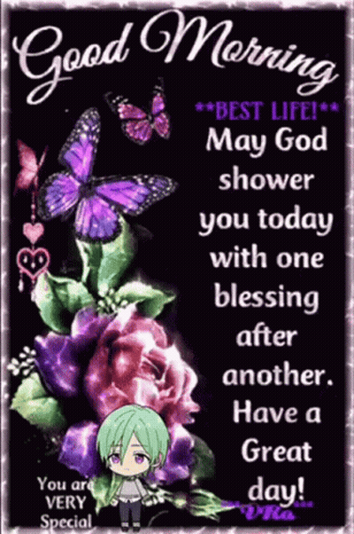 Good Morning Greeting Card With Purple Butterflies And Flowers GIF