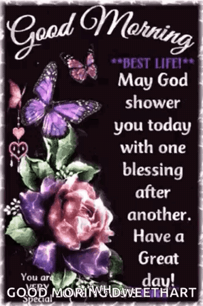 Good Morning Greeting Card With Purple Butterflies And Flowers GIF