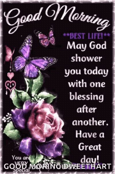 Good Morning Greeting Card With Purple Flowers And Butterflies GIF