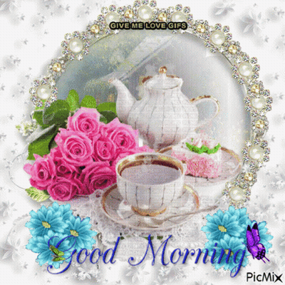 Good Morning Greeting Card With Teapot And Coffee GIF