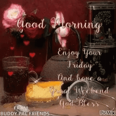 Good Morning Greeting Card With Teapot Cake And Flowers GIF