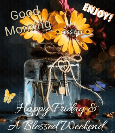 Good Morning Happy Friday Greeting Card With Vase Of Flowers And Key GIF