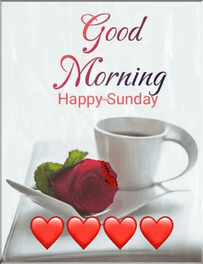 Good Morning Happy Sunday Greeting Card With Coffee And Rose GIF