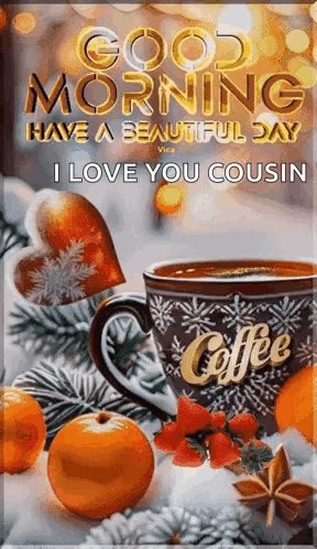 Good Morning Have A Beautiful Day I Love You Cousin With A Cup Of Coffee And Oranges . GIF