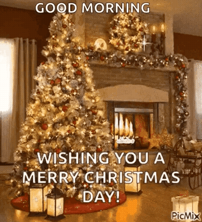Good Morning Merry Christmas Tree In Front Of Fireplace GIF