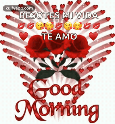 Good Morning Message In Spanish With Roses And Hearts GIF