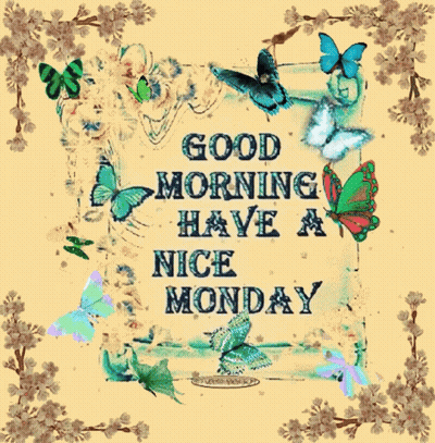 Good Morning Monday Card With Butterflies And Flowers GIF