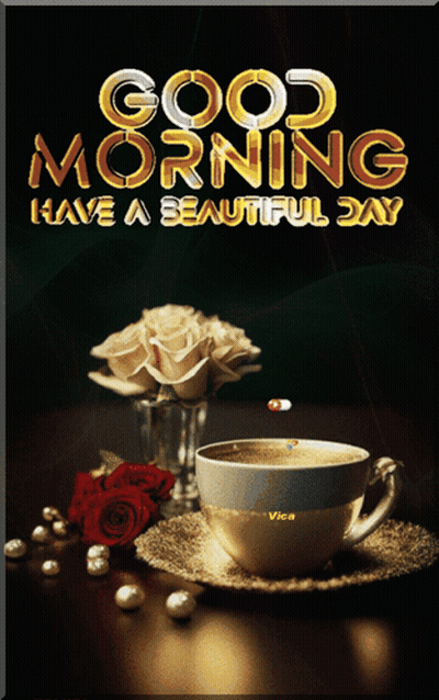 Good Morning Poster With Coffee And Roses GIF