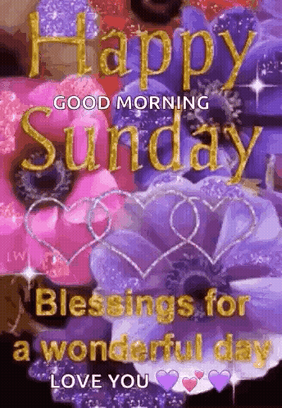 Good Morning Sunday With Purple Flowers And Hearts GIF