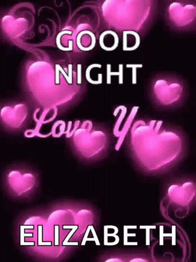 Good Night Elizabeth Greeting Card With Pink Hearts On Black GIF