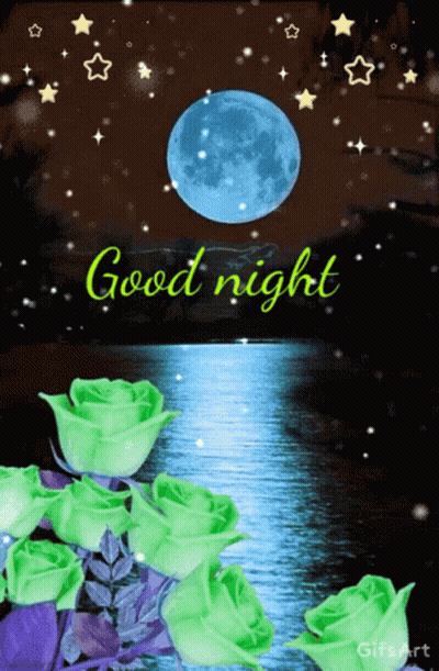 Good Night Greeting Card With Roses And Moon GIF