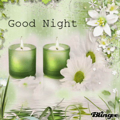 Good Night Greeting Card With Two Green Candles And Flowers GIF