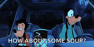 Goofy And Mickey Mouse Are Sitting In The Back Seat Of A Car And Talking About Some Soup . GIF