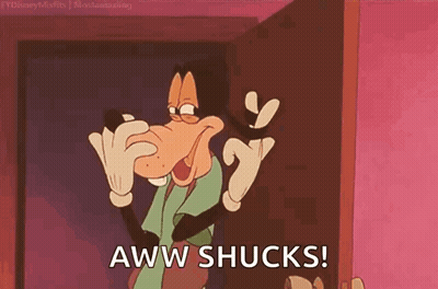 Goofy Cartoon Character Saying Aww Shucks in Doorway