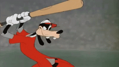 Goofy Cartoon Character Swinging Baseball Bat GIF