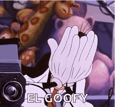 Goofy From Mickey Mouse Is Covering His Face With His Hands In Front Of A Camera . GIF