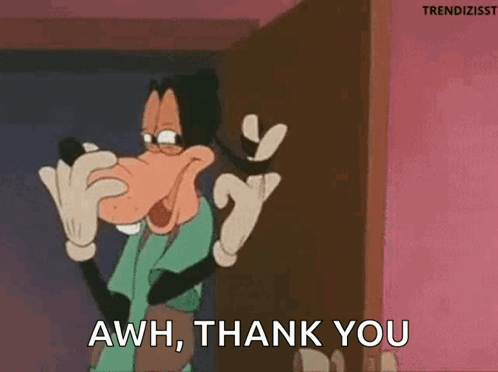 Goofy From Mickey Mouse Is Standing In Front Of A Door And Saying Aww , Thank You . GIF