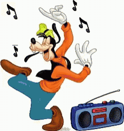 Goofy Is Dancing In Front Of A Boombox With Music Notes Flying Around Him GIF