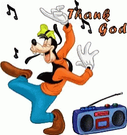 Goofy Is Dancing In Front Of A Boombox With The Words Thank God Written Above Him GIF