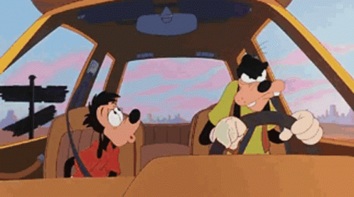 Goofy Is Driving A Car With A Boy In The Back GIF