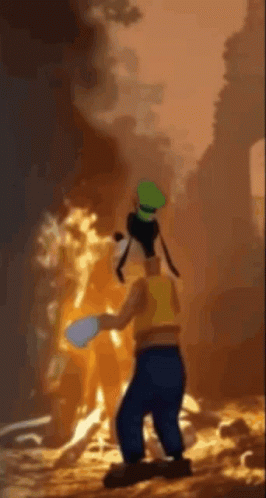 Goofy Is Standing In Front Of A Fire Holding A Bucket GIF