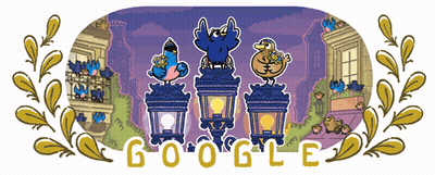 Google Logo With Birds On Lanterns GIF